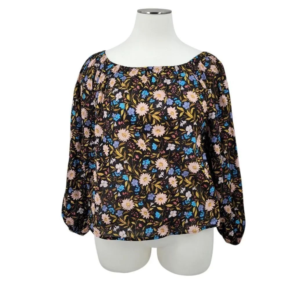 a.n.a Ana Floral Blouse - Black with Blue and Yellow Cotton Women's Plus Size